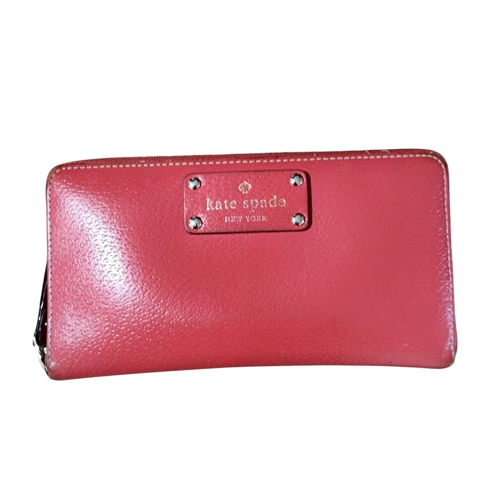 Kate Spade New York Red Leather Zip Around Wallet Polka Dot‎ Lining
